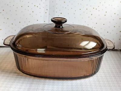 Corning Ware Vision Amber 4L Oven Casserole Roaster Ribbed W/ Pyrex F-14-C Lid • $5.99