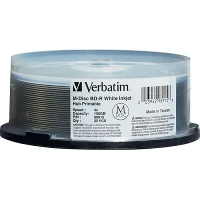 M DISC VERBATIM BD-R DL 100GB 6X White Inkjet Hub Printable 25 Pk Spindle 98915 • $249.90