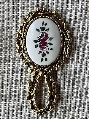 Vtg Ornate Brass Handheld Mini Mirror W/Hand Painted Flower On Porcelain Signed • $26.50