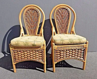 Pair Tommy Bahama Style Rattan Bamboo Bentwood Accent Chairs Leather Bindings  • $450