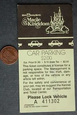 1986 Orlando Florida Walt Disney World Magic Kingdom $2.00 Parking Lot Ticket--- • $11.99