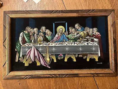 Vintage Last Supper Religious Black Velvet Painting Art Wall Hanging Signed • $40