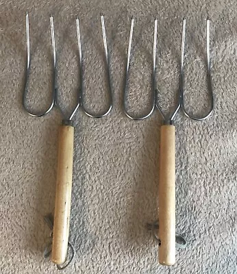 Vintage 4-Prong Meat Carving Forks Wood Handles 10 1/2  X 4  Leather Hangers • $8.99