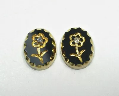 Vintage Glass Flower Cabochons 10X8mm Gold On Jet Black Made In Germany 2pcs • $5.49