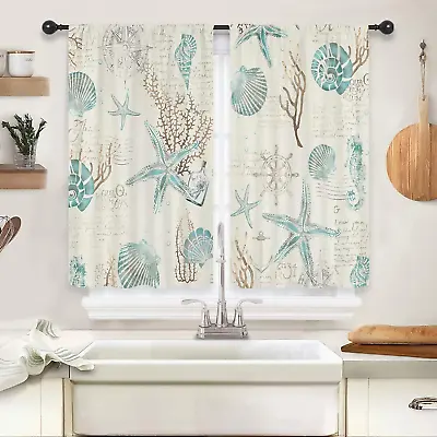 Nautical Coastal Kitchen Curtains Beach Starfish And Seashells Vintage Ocean Cor • $17.64