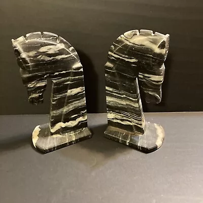 VTG 8.5” Trojan Horse Head Bookends Carved Onyx Rock Marble Stone Book Ends Set • $32.99