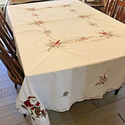 VTG Applique & Embroidered Christmas Tablecloth Santa Gold Lurex Oblong 87 X 69 • $29.99