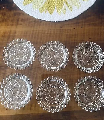 Vintage German Rose Embossed Clear Glass Coaster Set Of 6 Democratic Republic • $25