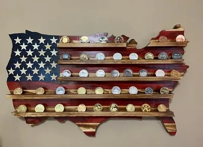 Rustic American USAFlag Challenge Coin Display Wooden Flag Military Challenge • $80.10