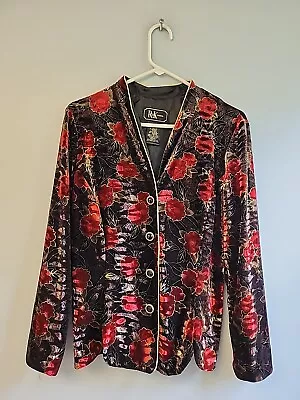 R & K Originals Floral Crushed Velvet Holiday Red Rose Cardigan Evening Jacket • $24.99