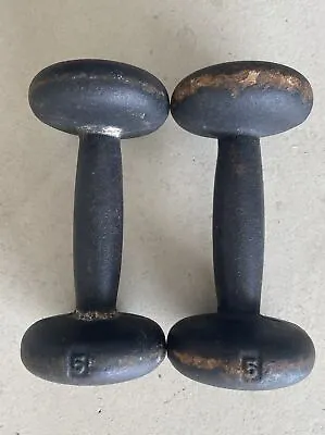Vintage Pair 5lb Cast Iron Bun Head Dumbbells 10lbs Total • $19.95