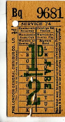 London General Bus Ticket: Service 74 - ½d • £4.50