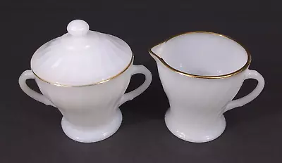 ANCHOR HOCKING Fire King Open Creamer & Covered Sugar White Swirl Milk Glass • $19.77