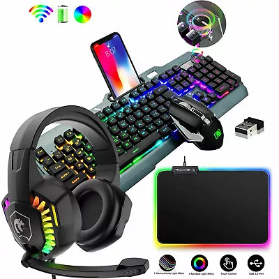 Computer 2.4G Wireless USB Gaming Keyboard And Mouse Set+Headset RGB LED Backlit • $128.51