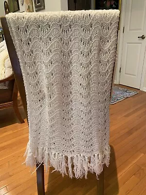 Vintage Ivory Handmade Knit Crochet Table Runner Dresser Scarf With Fringe 73  • $13.99