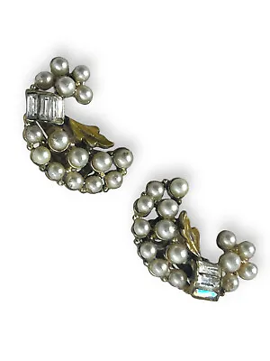 Vintage Signed Claudette Silver Pearl Clip Earrings Rhinestone Baguettes • $28.99