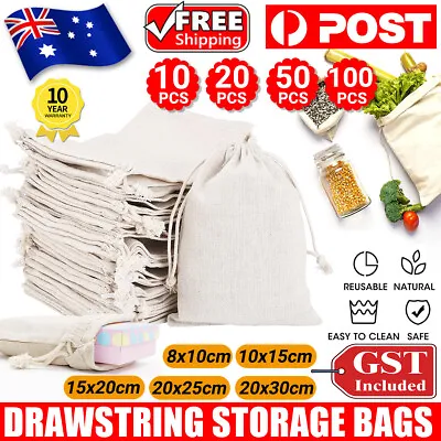 10-100Pcs 7 Sizes Drawstring Storage Bags Calico Bags Linen Tote Gift Bag Bulk • $98.85
