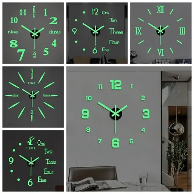 3D DIY Large Wall Clock Big Watch Sticker Office Home Decoration Unique Luminous • £6.59