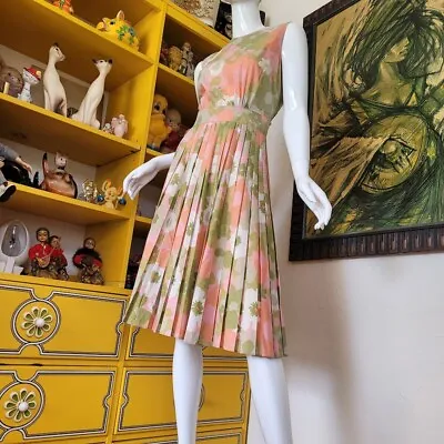 Vintage 60s Pink/Green Floral Shirtwaist Full Circle Skirt Rockabilly Dress S/M • $75