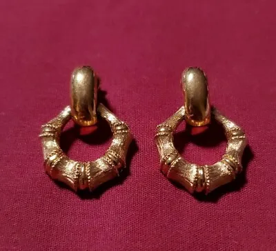 Vintage Monet Gold Plated Bamboo Textured Door Knocker Pierced Earrings • $34.99