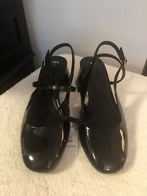 $32 • Buy ZARA  Black Patent Heeled Strappy Slingback Shoe Size 10 NWT