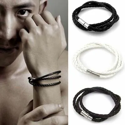 Men's Black Brown White Leather Braided Twisted Wristband Surfer Bangle Bracelet • £3.99