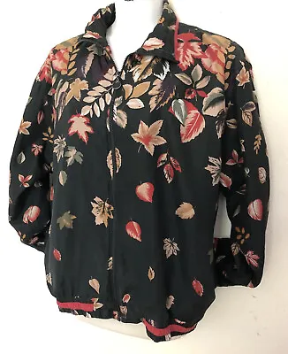 Vintage Bomber Jacket Size 2X Black W/ Leaf Print 100% Silk Lined Full Zip 80’s • $14.32