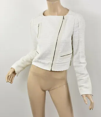 $850 J BRAND White Textured Nubby Tweed ANNETTE Asymmetric Zip Crop Jacket 2 XS • $49.99