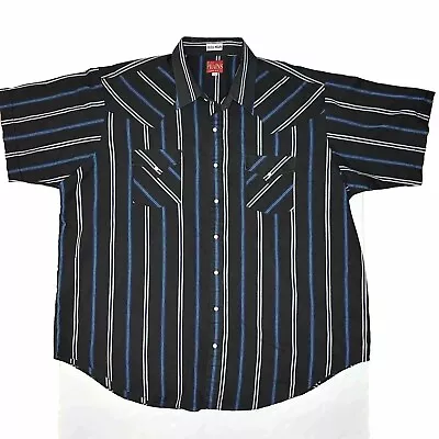 Vintage Ely Cattleman Big Man 2X Western Pearl Snap Black Blue Stripe Shirt • $15.99