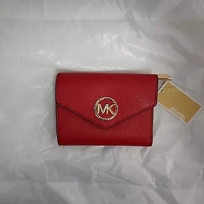 Michael Kors Greenwich Envelope Trifold Crimson Red Saffiano Logo Leather Wallet • $69.95