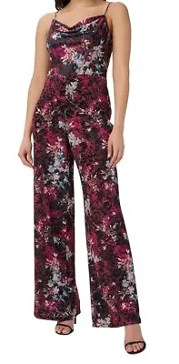 ADRIANNA PAPELL Velvet Burnout Jumpsuit Size 10 Cowl Neck Wide Leg Floral • £75