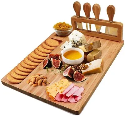 Bamboo Cheese Board Set - Handcrafted Cheese Board +4 Cutting Knife Set • £19.99