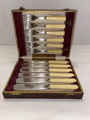 Sheffield England EPNS A1 Silverplate Fish Forks Knives 12pc BOX SET COMPLETE • $36