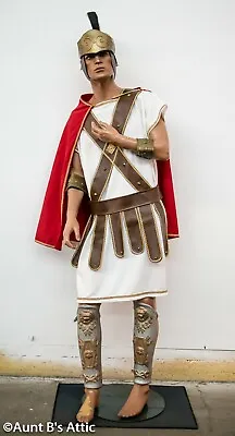 Roman Solider Costume 8Pc Wht/Red Tunic Armor Cape Helmet Cuffs & Leg Guards XL • $99.98