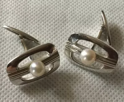 Vintage Streamline Art Deco Look 50s MIKIMOTO Silver Akoya Pearl Cufflinks MCM • $125