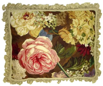 Wool Needlepoint Throw Pillow Yellow Pink Cabbage Rose Accent Cushion 18x22 • $318