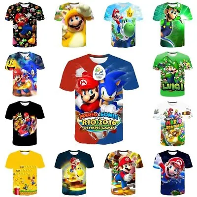 Kids Super Mario 3D Print Casual Short Sleeve T-shirt Boys Girls Tshirt Top Tee • £8.39