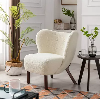 Wingback Chair Sherpa Fur Armchair Tufted Lounge Cream Mid Century Modern New • $299.99