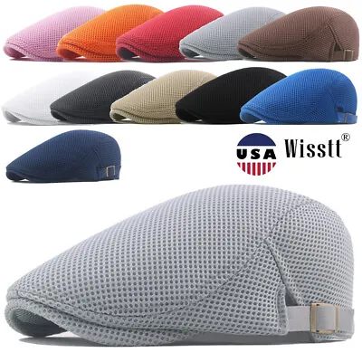 Mens Flat Newsboy Solid Mesh Ivy Cap Outdoor Breathable Beret Cotton Cabbie Hat • $5.75