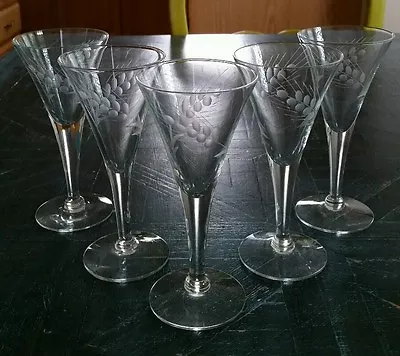 (5) Vintage Cordials Glasses V-shaped Gray Cut Wheat EUC  • $9.99