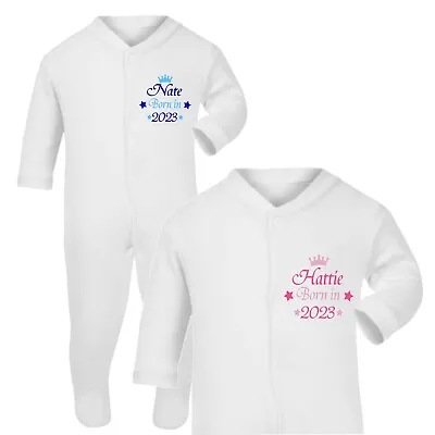 £9.89 • Buy Personalised Baby Grow 2023 Born In Cotton Sleepsuit Crown Design Girl Boy Gift