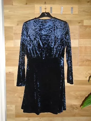 Marks & Spencer Collection L/s Navy Crushed Velvet Dress 34” Size 12 Vgc • £8.99