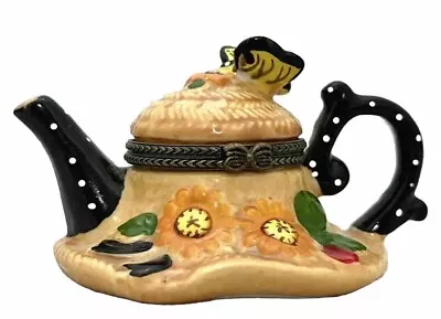 Hinged Trinket Box PHB Yellow Straw Garden Hat Teapot Butterfly Flower Tea Pot • $14.50