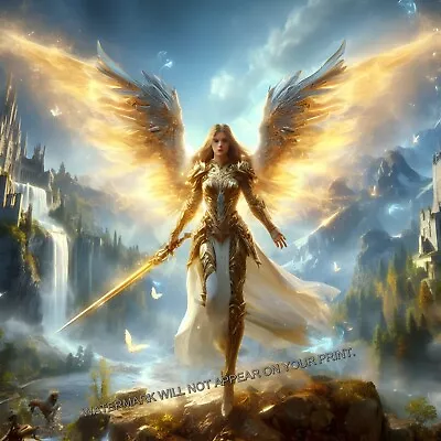 Gold Wings Valkyrie Angel Norse  Castle Waterfall Fantasy Giclée Art Print 12x12 • $14.99