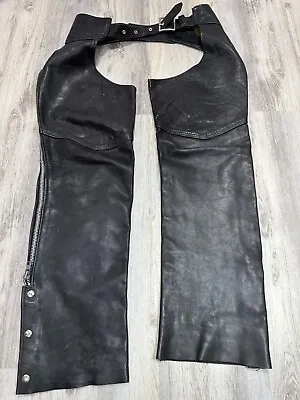 Men's Walter Dyer Black Leather Motorcycle Chaps Side Zip Snap Made In USA Sz L • $65.02