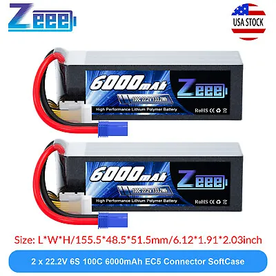 2x Zeee 6S LiPo Battery 6000mAh 22.2V 100C EC5 For RC Helicopter Airplane Car • $126.19