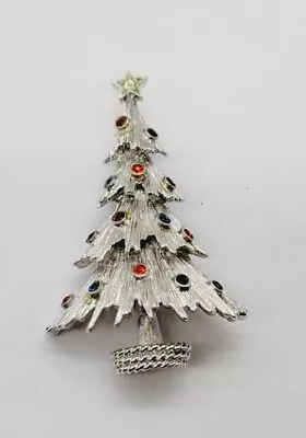 Vintage MONET Christmas Tree Brooch Pin Crystal Accent Silver Tone • $32.17