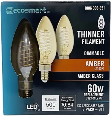 EcoSmart 60-Watt Equivalent B11 Dimmable E12 Candelabra LED Bulb Amber 3 Pk  SB2 • $7.47