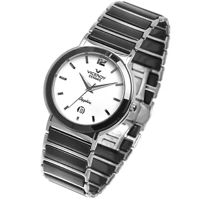 Viceroy Ceramic Stainless Mens Quartz Watch White Dial Sapphire Crystal New Nos • $89.99