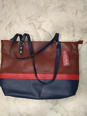 Merona Faux Leather Red/blue Striped On Brown Colored Tote Handbag • $3.89